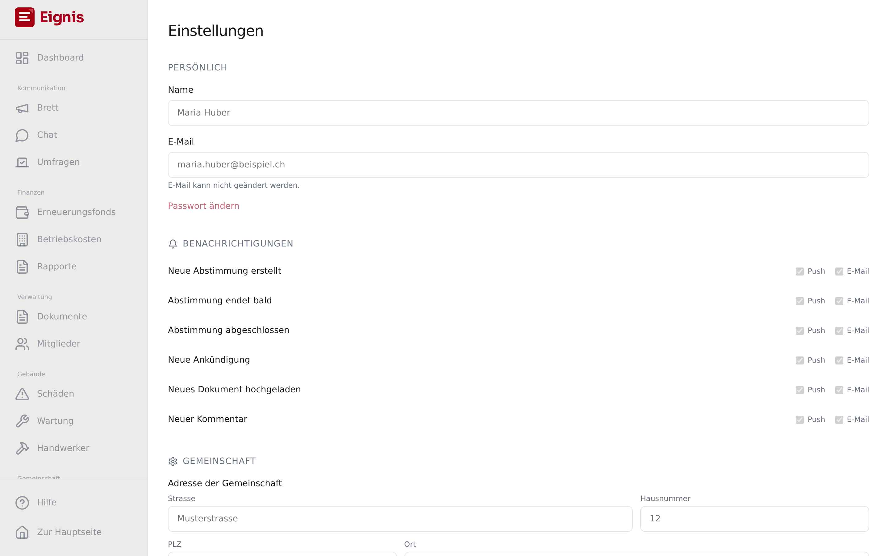 Eignis — Gemeinschaftseinstellungen